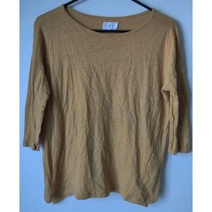 Lou & Grey Women's 100% Linen Top Mustard 3/4 Sleeve Round Neck Size M
